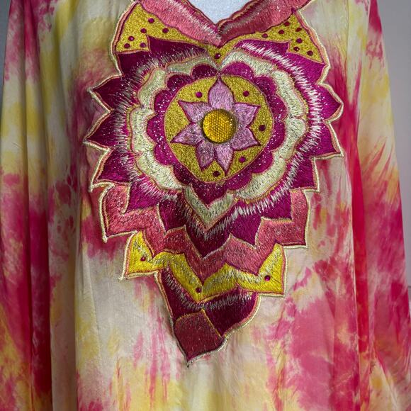 Stunning Silk Women’s Tie Dye Multicolor Kaftan Boho Ethereal Coverup OS - Picture 5 of 16